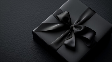 Sticker - A black gift box with a black ribbon on a dark background.