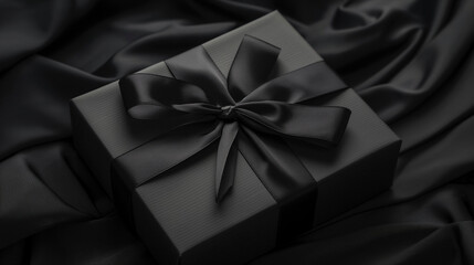 Sticker - A black gift box with a black ribbon on a dark background.