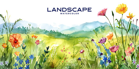 Wall Mural - bright and cheerful watercolor scene of a blooming meadow in spring, with wildflowers and distant rolling hills