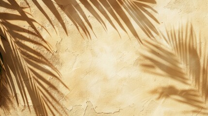 Wall Mural - Palm shadows on sand-toned wall. Summer beach theme with palm leaf.