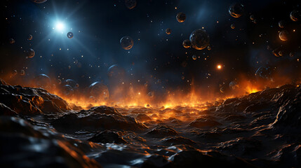 A dark, cosmic landscape filled with glowing orbs against a backdrop of a fiery sky. The ground is a wrinkled, obsidian surface, reflecting the heat of the sky.