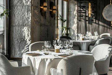 Luxury restaurant interior. Table set for two or more people