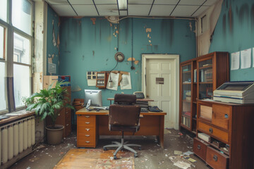 Empty office with Original concrete ceiling and wooden furniture