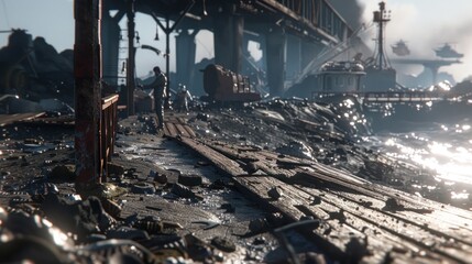 Wall Mural - Close-up of scientists inspecting the damage caused by the hydrothermal explosion, broken boardwalk and scattered debris, focused expressions, Portrait close-up, hyper-realistic, high detail,