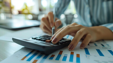 Wall Mural - Close-up of accountant using calculator while examining report