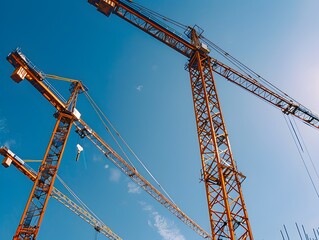 Powerful Construction Cranes Dominating the Skyline on a Bright Day