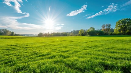 Wall Mural - Stunning green field under a clear blue sky on a sunny summer day.