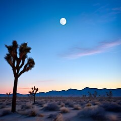 Poster - Full moon in a blue sky above the Joshua Tree, Mojave Desert, California, United States.