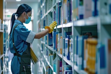 Asian cleaning service staff organizing shelves in a library, Generative AI