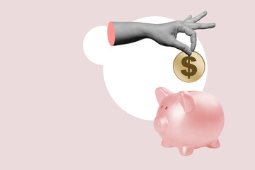 Poster - A hand is holding a coin in front of a pink piggy bank