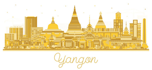 Wall Mural - Yangon Myanmar City Skyline silhouette with golden Buildings Isolated on White. Business Travel and Tourism Concept with Historic Architecture. Yangon Cityscape with Landmarks.