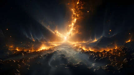 Wall Mural - a fiery, orange nebula in the shape of a phoenix erupts through a dark and starry sky above a rocky 
