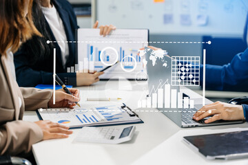 Wall Mural - Data Management System with Business Analytics concept. business team hands working with provide information for Key Performance Indicators