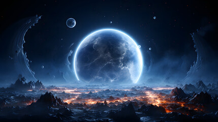 A large, glowing blue planet looms over a dark, volcanic landscape. Its light illuminates the rugged peaks and valleys below. The scene is otherworldly and breathtaking.