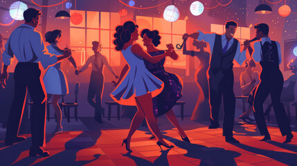 Illustrate a lively swing dance scene with couples dancing energetically to upbeat music, capturing the rhythm, movement, and excitement of the dance style. 