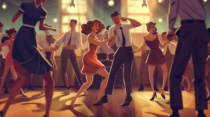 Illustrate a lively swing dance scene with couples dancing energetically to upbeat music, capturing the rhythm, movement, and excitement of the dance style. 