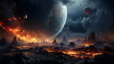 A fiery, volcanic landscape on an alien planet with a swirling, blue gas giant in the background.
