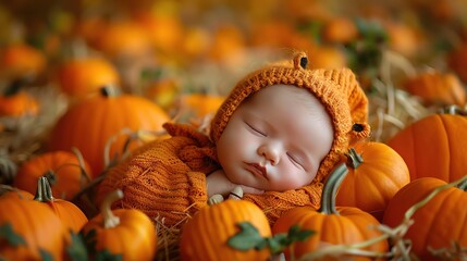 newborn in a pumpkin costume, sleeping in a pumpkin patch with an autumn backdrop.