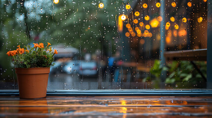 Wall Mural - Beautiful picture and frame of a warm cafe window with raindrops creating a soothing pattern on the glass.