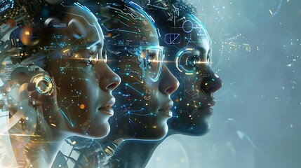 Wall Mural - digital portrait of three faces for concept of exploring artificial intelligence and digital identit