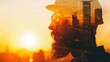 © Alex - Double Exposure Profile of a Bearded Man in Safety Helmet and Cityscape at Sunset - Vision of Urban Development and Innovation