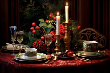 Close-Up of a Christmas Table Setting, Dinnerware, Candles, and Fresh Evergreen Branches and Pinecones