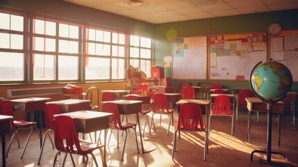 Wall Mural - Empty Classroom with Sunlight Streaming Through Windows