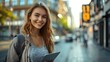© LookChin AI - Cheerful Young Woman Smiling and Holding Tablet in Lively City Street