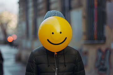 Man holding yellow balloon with smile face instead of head. Positive thinking concept. Hiding bad feelings with a smile