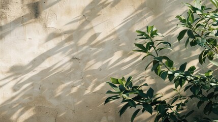 Poster - Sunlit green foliage against a beige plaster wall