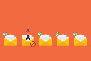 Sticker - Email / envelope with black document and skull icon. Virus, malware, email fraud, e-mail spam, phishing scam, hacker attack concept. 