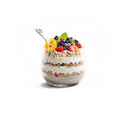 overnight chia oats creamy oats layered with chia seeds and fruit with a spoon scooping