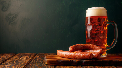 Wall Mural - Beer glass and sausage on wooden table. Dark green solid background, studio light, copy space