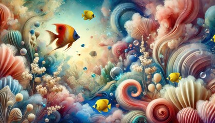 Abstract Underwater Dreamscape with Colorful Fish and Bubbles.