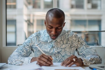 Focused Black Male Professional in His 30s Reviewing Financial Documents in a Modern Office during Daytime