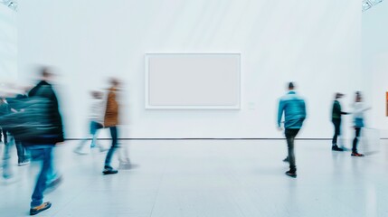 Aufkleber - Minimalist Interior with People Passing By and Blank Frame on Soft White Wall Stylish and Modern Ambiance in Diffused Natural Light
