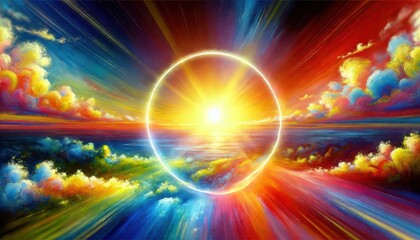 Wall Mural - Abstract Sunset Painting Golden Circle with Sun Rays, Clouds, and Ocean.