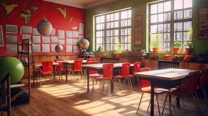 Wall Mural - Sunlit Classroom Interior with Red Chairs