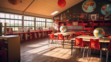 Wall Mural - Classroom Interior with Red Chairs and Globe