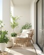 © JetHuynh - Beautiful balcony or terrace with wooden floor, chair, green potted flowers plants city background