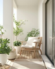 Wall Mural - Beautiful balcony or terrace with wooden floor, chair, green potted flowers plants city background