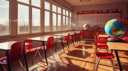 Wall Mural - Empty Classroom with Globe and Sunlight