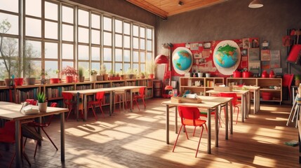 Wall Mural - Classroom with Large Windows and Red Chairs