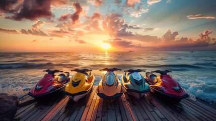 Five jet ski boats, sea waves at sunset