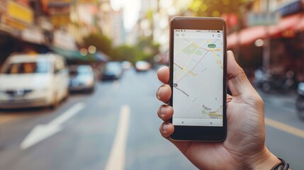 Realistic POV shot of a hand holding a mobile phone with a blank white screen displaying a navigation app interface Stock Photo with copy space