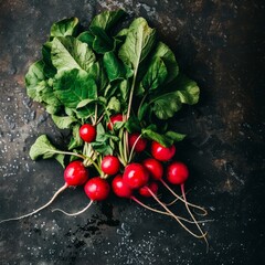 Wall Mural - a bunch of fresh radishes with leafs on a grey surface - top view