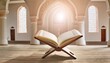 © indra - An open Quran on a stand, resting in a sunlit mosque with intricate architectural details.