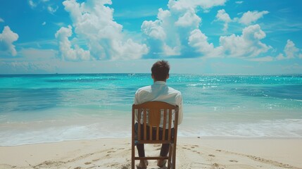 In the background, sitting in a chair by the sea.