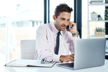 Poster - Consulting, laptop and phone call with financial advisor man in office for communication or trading. Computer, investment report and portfolio management with broker in professional workplace