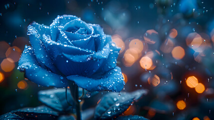 Wall Mural - Beautiful blue rose with water drops on black background, close up